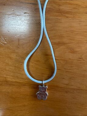 Tous Silver Teddy Charm Necklace - Light Blue Cord